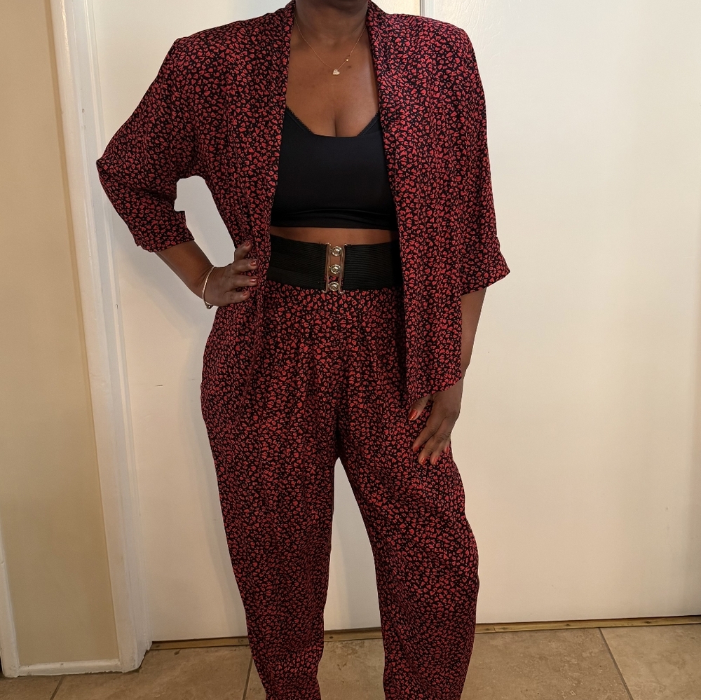 Red and Black Patterned Open Blazer And Pants Set